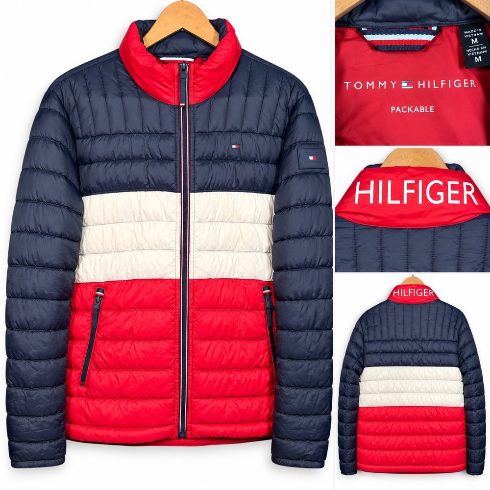 Tommy Hilfiger Mens Packable Puffer Jacket Colorblock Navy Red White 150AN796 M